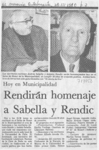 Rendirán homenaje a Sabella y Rendic.