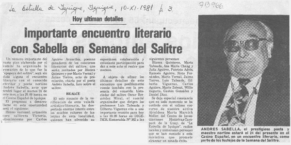 Importante encuentro literario con Sabella en semana del salitre.