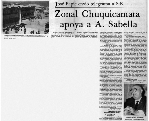Zonal Chuquicamata apoya a A. Sabella.