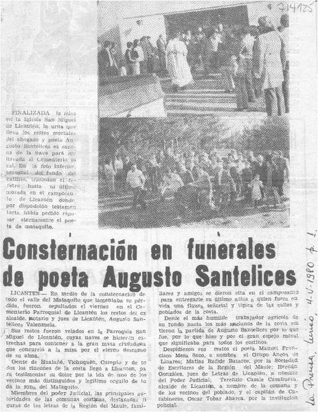 Consternación en funerales de poeta Augusto Santelices.