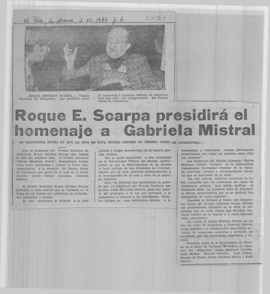 Roque E. Scarpa presidirá el homenaje a Gabriela Mistral.