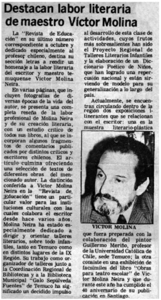 Destacan labor literaria de maestro Víctor Molina.