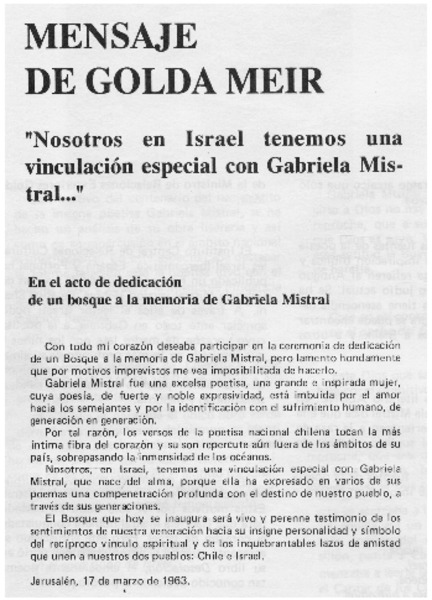 "Nosotros en Israel tenemos una vinculación especial con Gabriela Mistral..."