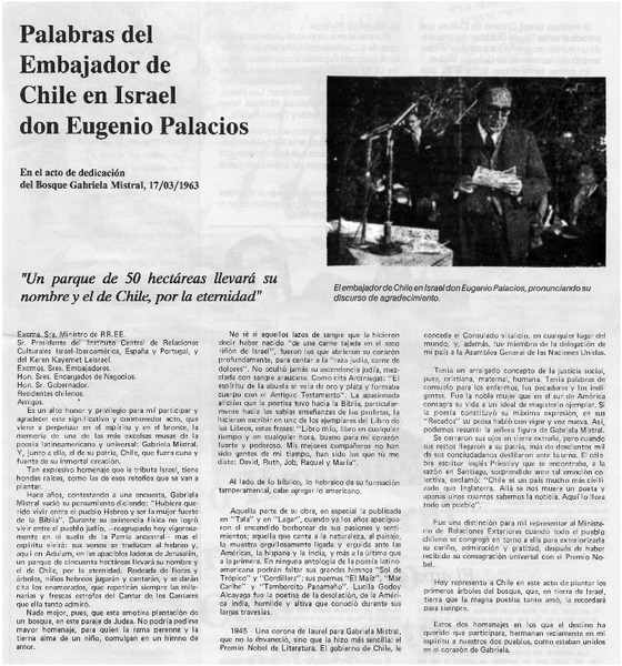 Palabras del embajador de Chile en Israel don Eugenio Palacios.