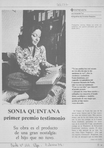 Sonia Quintana primer premio testimonio : [entrevistas]