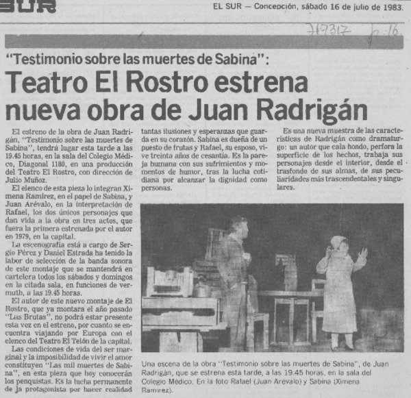 Teatro El Rostro estrena nueva obra de Juan Radrigán.