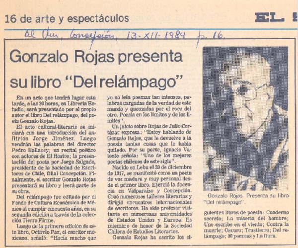 Gonzalo Rojas presenta su libro "Del relámpago".