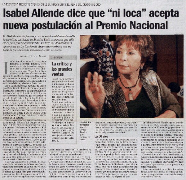 Isabel Allende dice que "ni loca" acepta nueva postulación al Premio Nacional