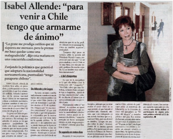 Isabel Allende, "para venir a Chile tengo que armarme de ánimo".