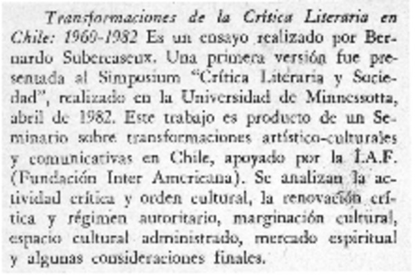 Transformaciones de la crítica literaria en Chile: 1960-1982.