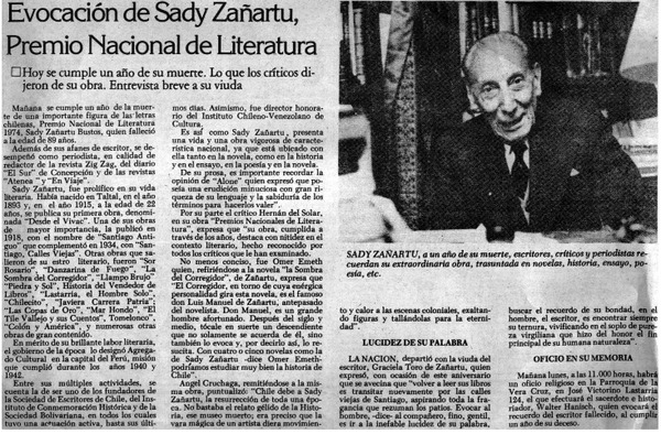 Evocación de Sady Zañartu, Premio Nacional de Literatura.