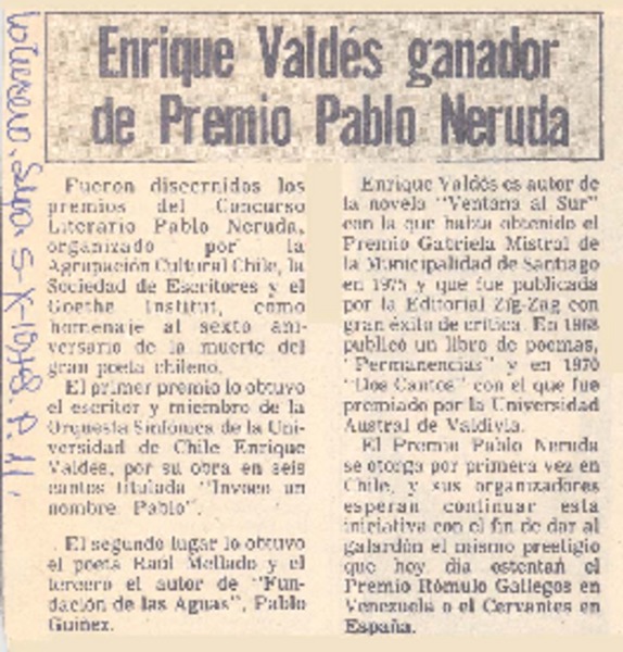 Enrique Valdés ganador de Premio Pablo Neruda.