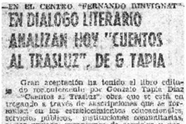 En dialogo literario analizan hoy "Cuentos al trasluz", de G. Tapia.
