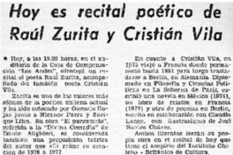 Hoy es recital poético de Raúl Zurita y Cristián Vila.