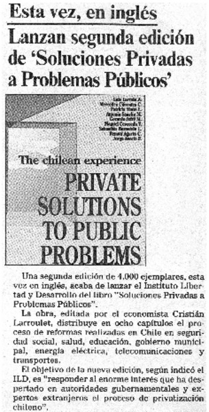 Esta vez, en inglés, lanzan segunda edición de "Soluciones privadas a problemas públicos".