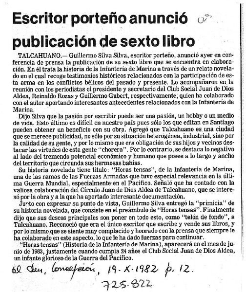Escritor porteño anunció publicación de sexto libro.