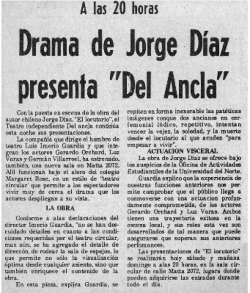 Drama de Jorge Díaz presenta "Del ancla".