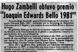 Hugo Zambelli obtuvo premio "Joaquín Edwards Bello 1981".
