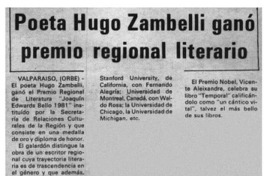 Poeta Hugo Zambelli ganó premio regional literario.