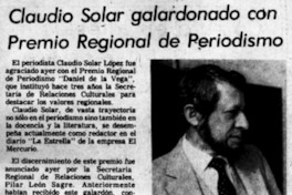 Claudio Solar galardonado con Premio Regional de Periodismo.