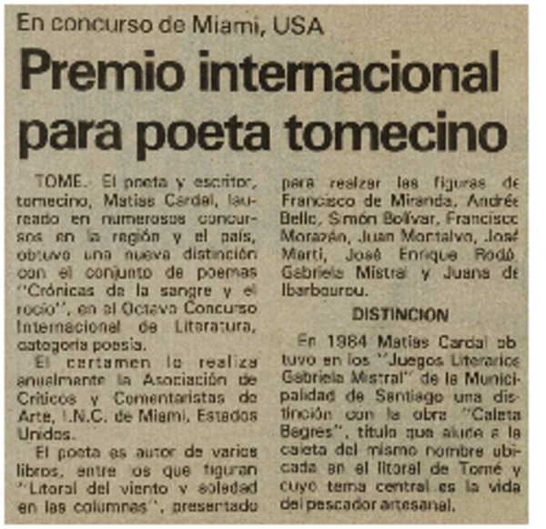 Premio internacional para poeta tomecino.