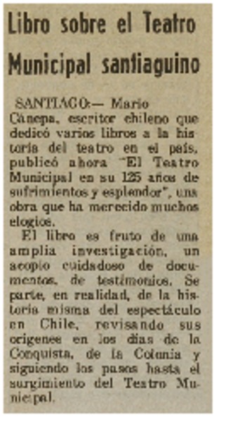 Libro sobre el teatro Municipal santiaguino.