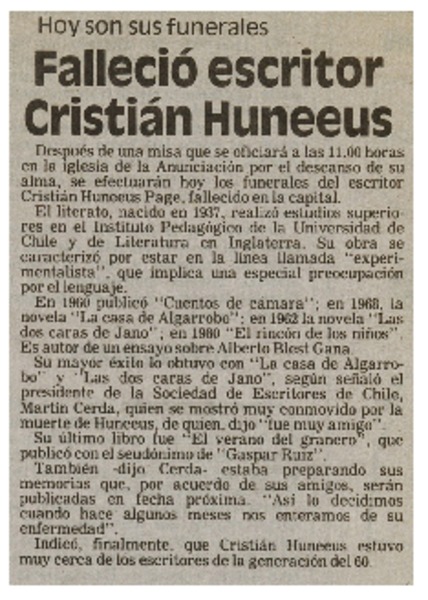 Falleció escritor Cristián Huneeus.