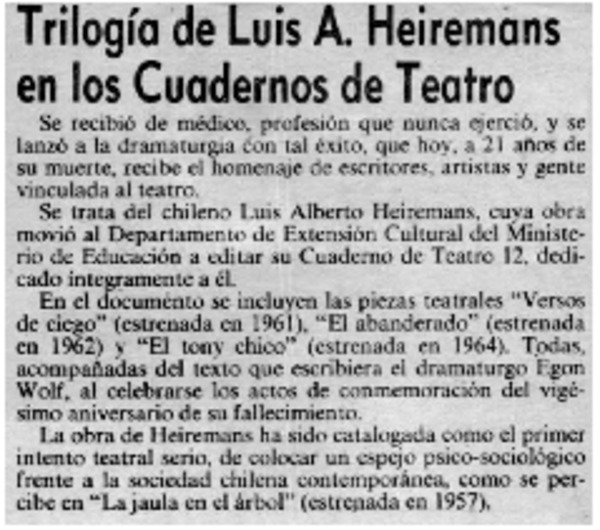 Trilogía e Luis A. Heiremans en los cuadernos de teatro.