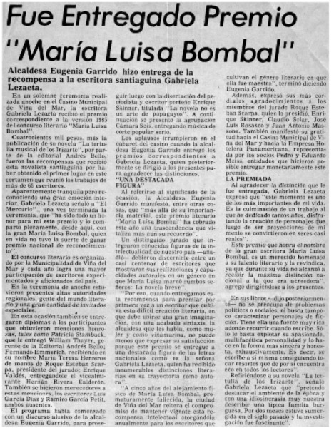 Fue entregado premio "María Luisa Bombal".