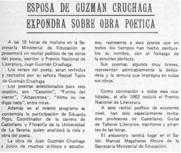 Esposa de Guzmán Cruchaga expondrá sobre obra poética.