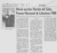 Murió escritor Hernán del Solar, Premio Nacional de Literatura 1968.