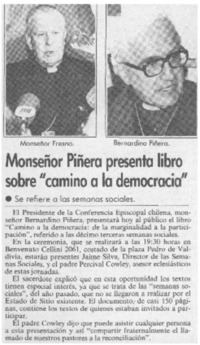 Monseñor Piñera presenta libro sobre "Camino a la Democracia".