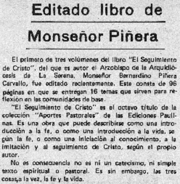 Editado libro de Monseñor Piñera.