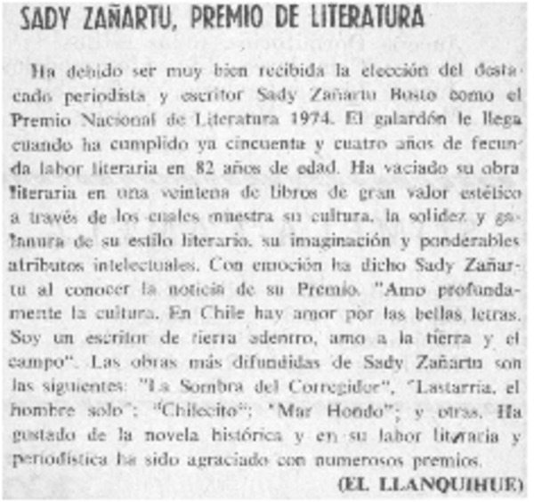 Sady Zañartu, Premio de Literatura