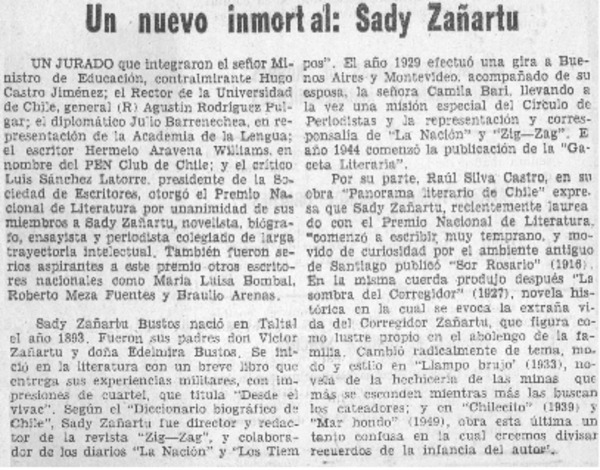 Un nuevo inmortal: Sady Zañartu.