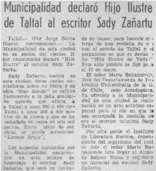 Municipalidad declaró hijo ilustre de Taltal al escritor Sady Zañartu