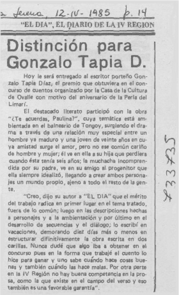 Distinción para Gonzalo Tapia D.