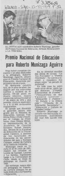 Premio Nacional de Educación para Roberto Munizaga Aguirre.