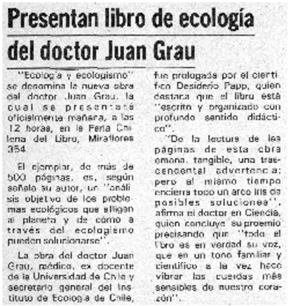 Presentan librode ecología del doctor Juan Grau.