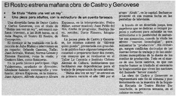 El rostro estrena mañana obra de Castro y Genovese.