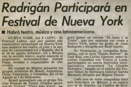 Radrigán participará en Festival de Nueva York.