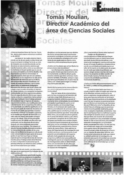 Tomás Moulian, Director Académico del área de Ciencias Sociales : [entrevista]
