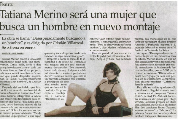 Tatiana Merino será una mujer que busca un hombre en nuevo montaje