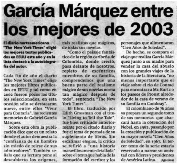 García Márquez entre los mejores de 2003.