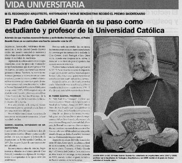 El padre Gabriel Guarda en su paso como estudiante y profesor de la Universidad Católica.