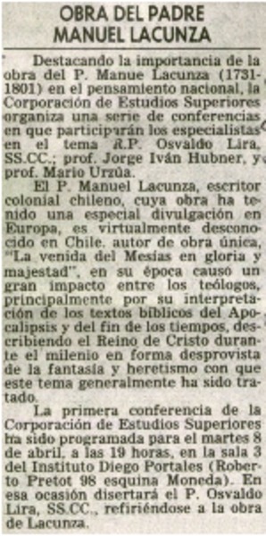 Obra del padre Manuel Lacunza.