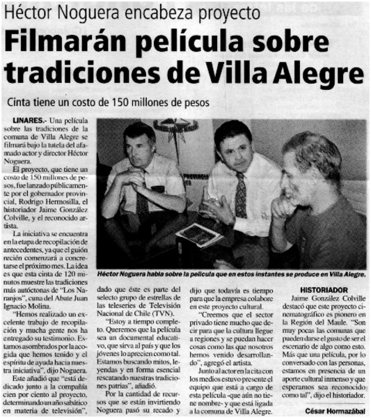 Filmarán película sobre tradiciones de Villa Alegre.