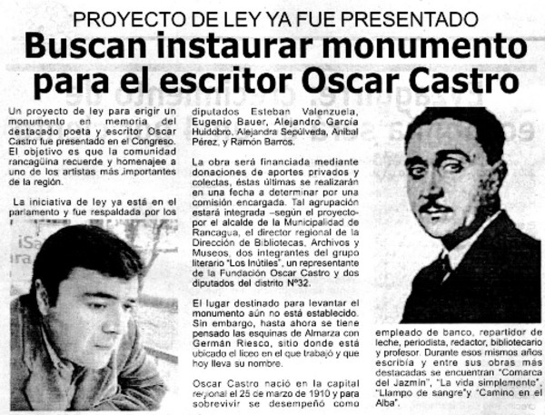 Buscan instaurar monumento para el escritor Oscar Castro.