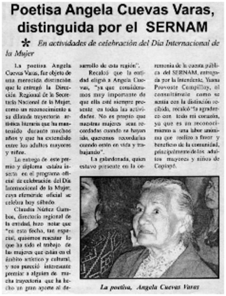 Poetisa Angela Cuevas Varas, distinguida por el SERNAM
