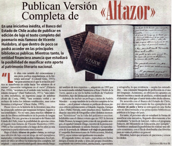 Publican versión completa de "Altazor"